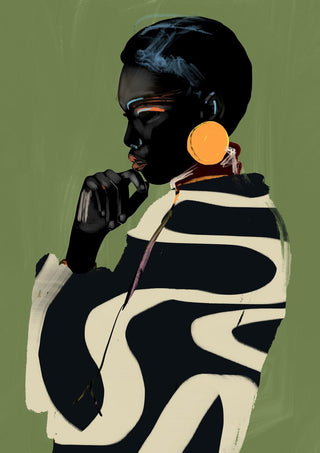Form and Presence by ThingDesign - a portrait in a swirled coat with an orange earring on olive green