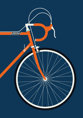 Swedish Racing Bike - Detail by Bo Lundberg - the front wheel and handlebars of an orange racing bicycle on navy