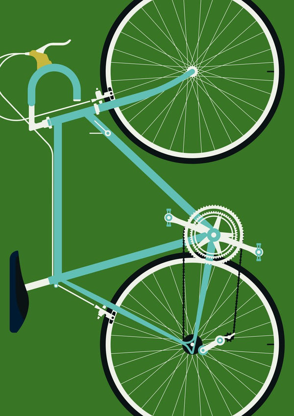Italian Racing Bike by Bo Lundberg - a turquoise racing bicycle on a deep green ground