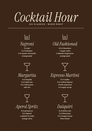 Cocktail Hour by ARTSY FARTSY, cocktail recipe poster in cream on coffee brown