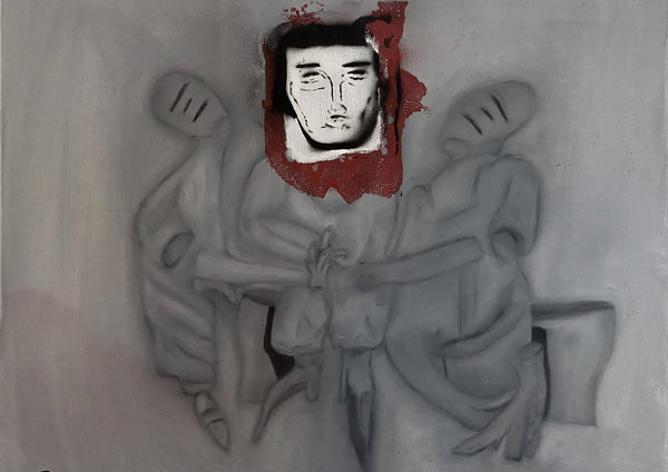 L. by Julian staal - three grey figures around a drawn face on a torn red patch