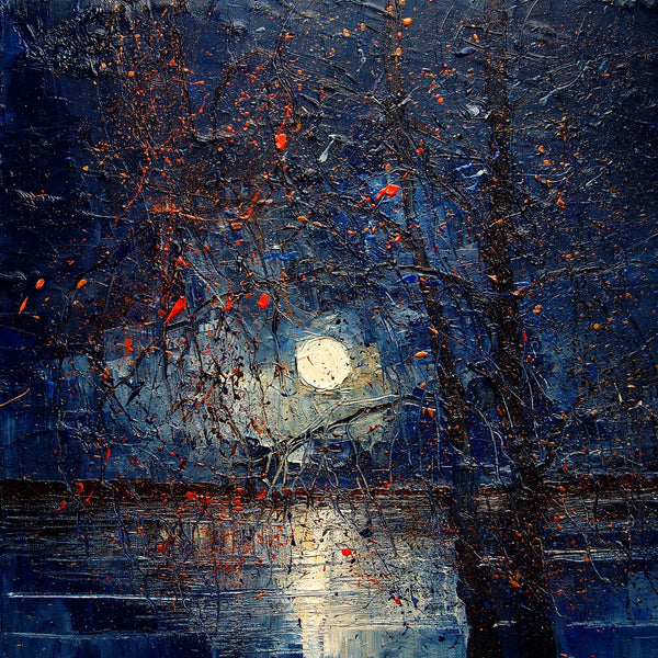 Moon through Bare Trees by Justyna Kopania - a white moon between dark branches on a deep blue night