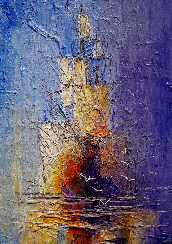 Ships in Violet and Gold by Justyna Kopania - masted ships with yellow sails on a violet ground