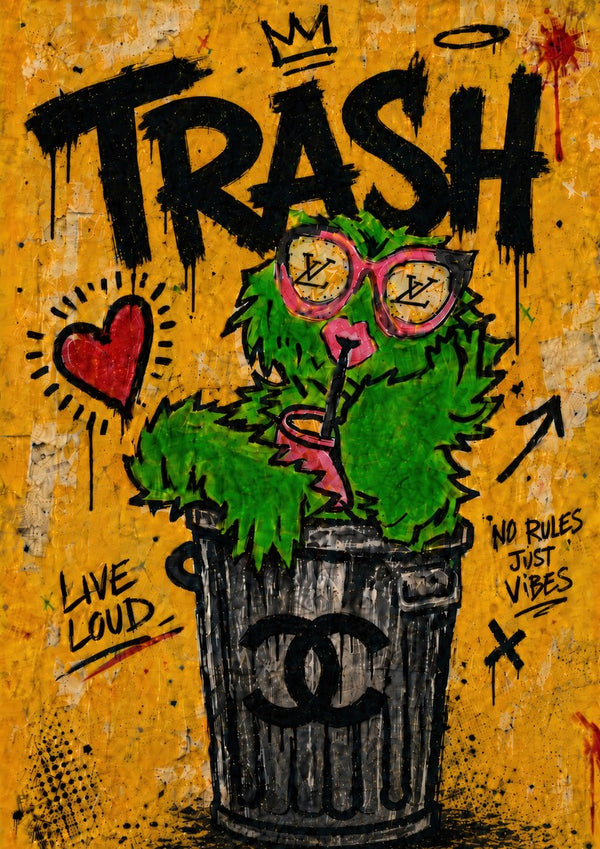 Trash x Grafitti by Decker Studios - green monster in pink sunglasses in a dustbin on a yellow graffiti wall