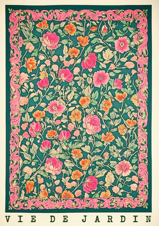 Vie de Jardin by Annika Persson - dense pink flowers on deep teal with a pink scrolling border