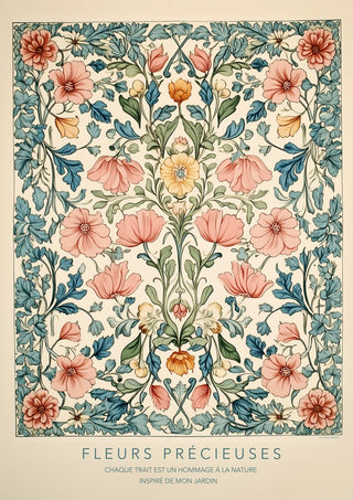 FLEUR PRÉCIEUES by Annika Persson - symmetrical pink and blue-green floral pattern on cream