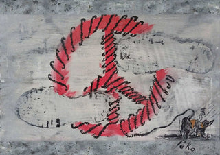 Peace that kills by PeKo - a pink barbed peace sign on grey with two suited figures and a dollar sign