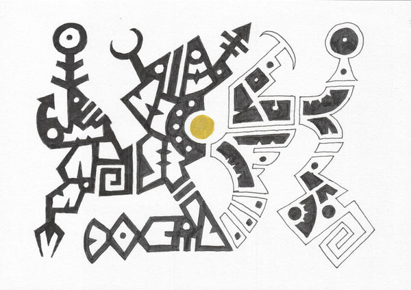 Open Line Glyphs by John Larkin - glyph figures drawn in black outline with spirals and meanders on white