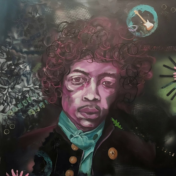 Jimi Hendrix by creatievananne - the guitarist in plum and pink against a dark stencilled ground