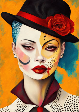 Hat and Red Rose by Tara Green - a woman in a black bowler hat with a red rose on a burnt orange ground