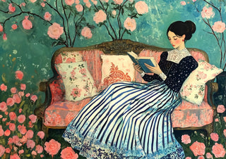 Reading by Annika Persson - a woman reading on a coral sofa surrounded by pink roses