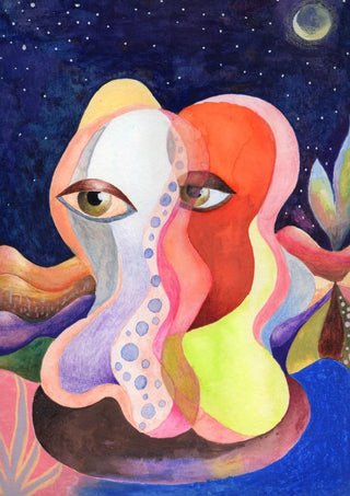 Two Faces Under the Moon by Shimmering Ugly - two melting faces in coral and lime under a starry night sky