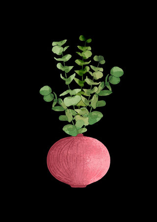 Eucalyptus in pink vase by Creationsbyeditabrus - green eucalyptus stems in a pink vase on black