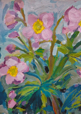 Japanese Anemone by DNF - pink anemones with yellow centres above green leaves