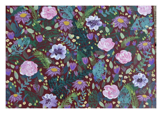Hamble cottage by Rebecca Wright - pink and lilac flowers with teal leaves on a deep burgundy ground