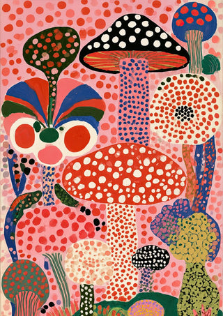 Mushrooms on Pink Dots by Yokohama - red, black and blue spotted mushroom caps crowded on a pink dotted ground