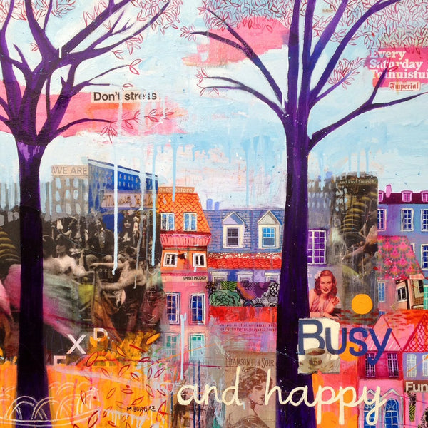 Busy and happy by María Burgaz - two purple trees over a collaged town of pink rooftops