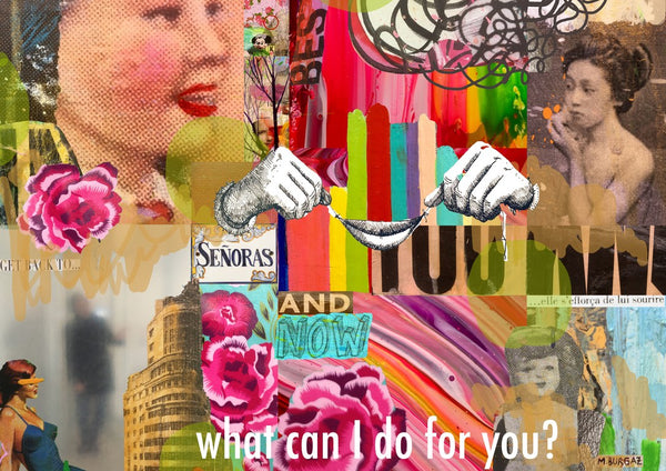 What can I do for you? by María Burgaz - a halftone face, pink roses and two hands pulling a wishbone