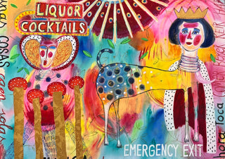 La noche confunde by María Burgaz - a crowned woman, a spotted animal and a neon liquor sign