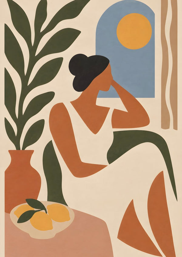 Contemplative Afternoon by TimlessArtworks - a woman in terracotta with lemons by a blue arched window