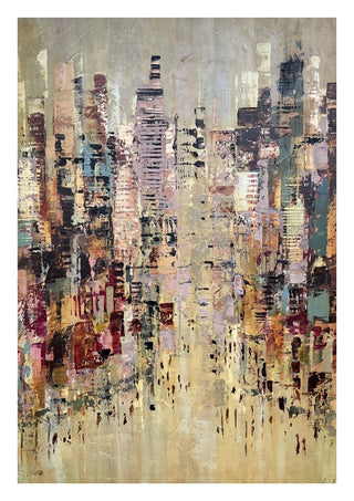 A Thousand windows by Art Anne Lee - a layered city skyline in sand, rose and teal
