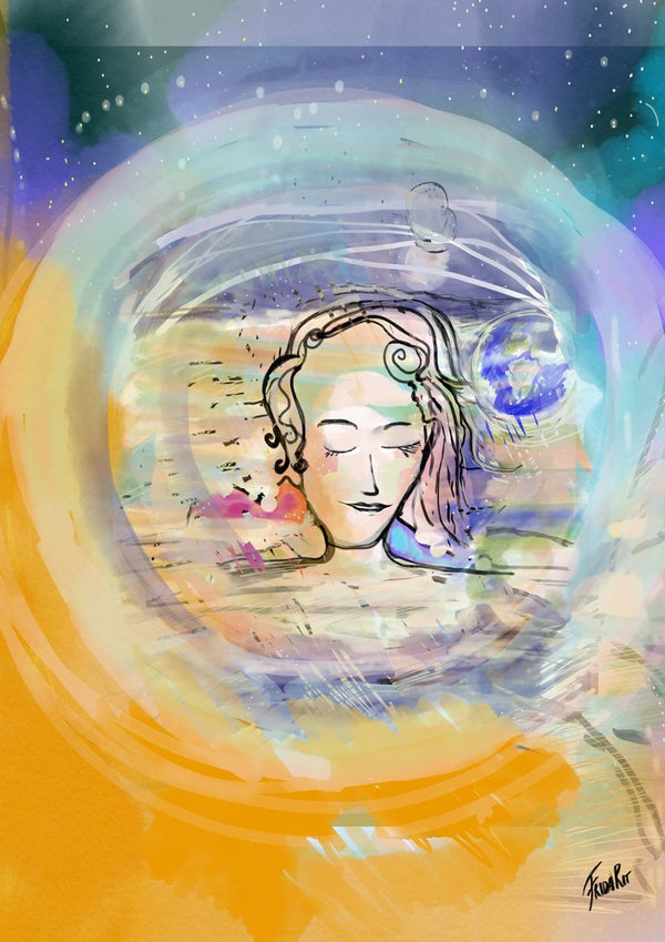 Rundarummet by FridaRit - a woman's head with closed eyes inside a pale bubble against an orange sun