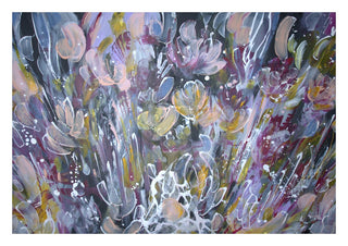 Euforia by Art Anne Lee - a crowded flower field in violet and grey on a near-black ground
