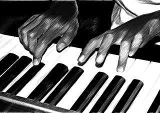 Black and White by Massimo Frascogna - two hands on a piano keyboard in black and white line
