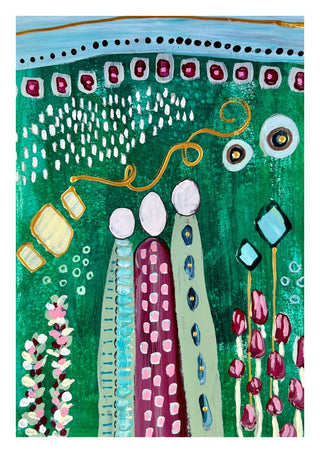 Fairy Tale 2 by Art Anne Lee - three patterned figures on a deep green ground