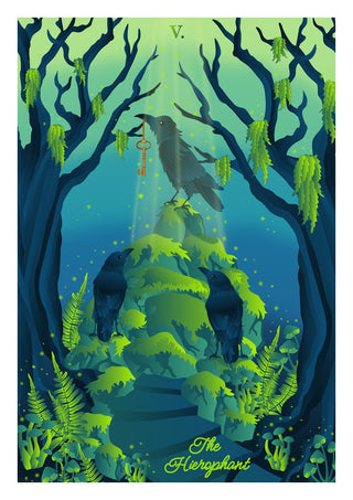 The Hierophant by Sciurus tarotus - a raven with a golden key on a mossy mound in a blue-green forest