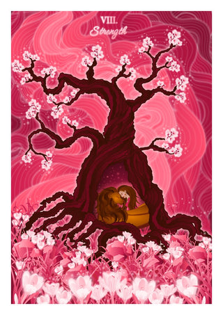 The Strength by Sciurus tarotus - a woman asleep with a lion at the foot of a blossoming tree in a pink field