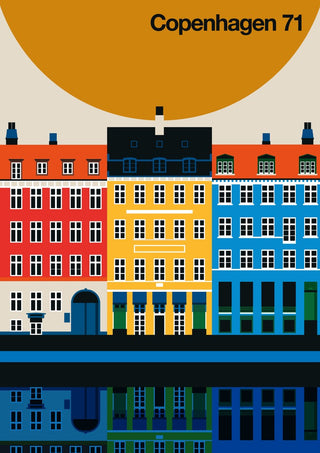 Copenhagen 71 by Bo Lundberg - the coloured facades of Nyhavn with their reflections under a large ochre sun