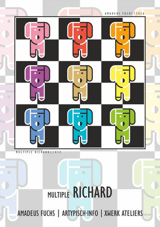 Multiple Richard - Animal Signal by Amadeus Fuchs - nine coloured dogs in a grid on a black and white chequerboard