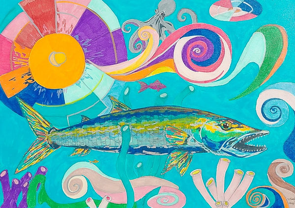 Pike by Sulaika Martis - a pike among spirals and a sun wheel in turquoise water