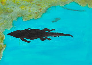Crocodile swimming past by Sulaika Martis - a black crocodile silhouette in bright turquoise water