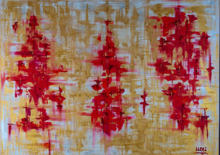 Die Tanzenden by ullimcart - three clusters of red strokes on a gold ochre and grey ground