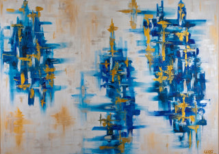 Tanz der Meere by ullimcart - three clusters of blue and gold strokes on a pale sand ground