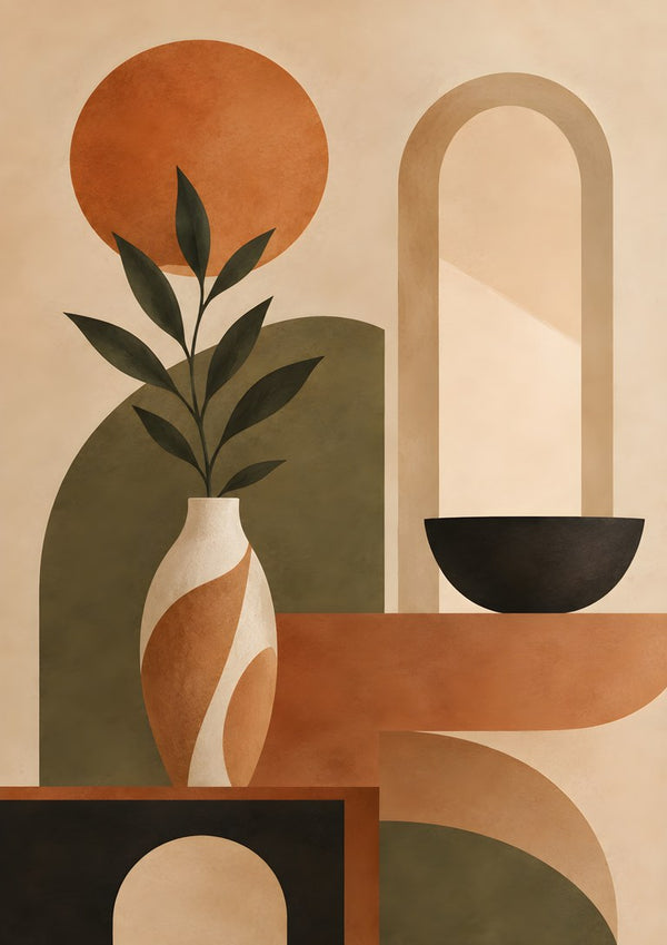 Abstract Earth-Tone Still Life by TimlessArtworks - a swirled vase with olive leaves among terracotta and beige arches