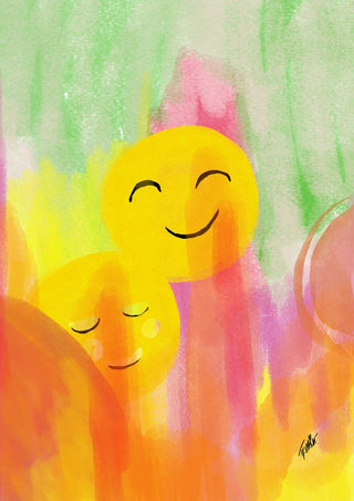 Smile and chill by FridaRit - two round yellow faces with closed eyes against brushed streaks of green, pink and orange