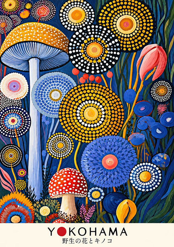 Dotted Garden at Night by Yokohama - dotted flower discs and spotted mushrooms on a deep blue ground
