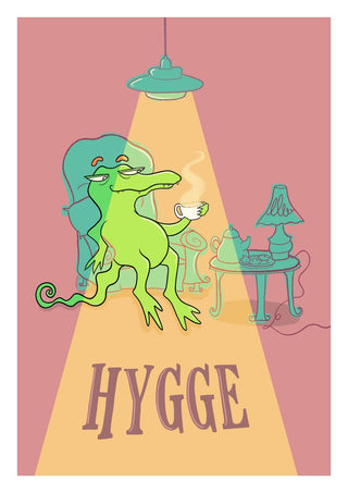 Hygge Crocodile by Elisa Albanelli - a crocodile with a cup of tea in an armchair in dusty rose and teal