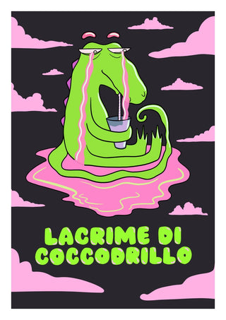 Crocodile Tears by Elisa Albanelli - a green crocodile melting into a pink puddle under pink clouds