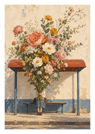 Spring Missed the Bus by Matthews Gallerie - a child hidden behind an enormous bouquet at a weathered bus shelter