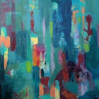 Beginnings by Janet Bell - an abstract in teal, turquoise, crimson and coral with pale scribbled lines