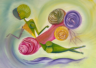 Imperfect Analysis by Emil Walli - a green figure among pink and purple spiral forms in oil on canvas