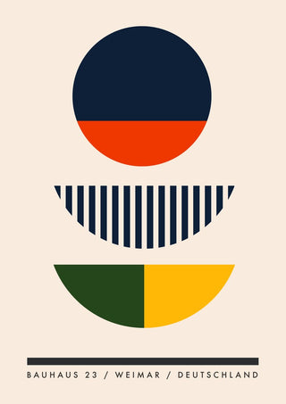 Bauhaus Circles by Neil Stevens - a navy and red circle with striped and green-yellow half circles