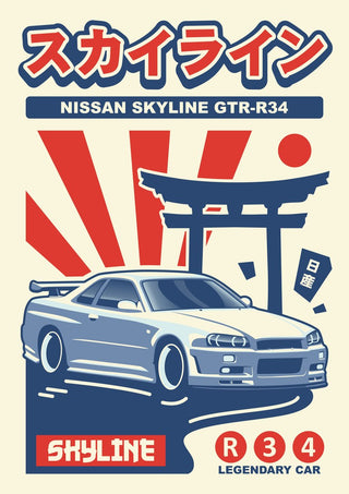 Nissan Skyline GTR R34 by Kaminarirace - the car before a torii gate and red sun rays in cream and blue