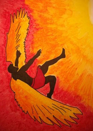 Manie oder der Flug des Ikarus by Olaf Baier - a dark figure with golden wings falling through red and yellow light