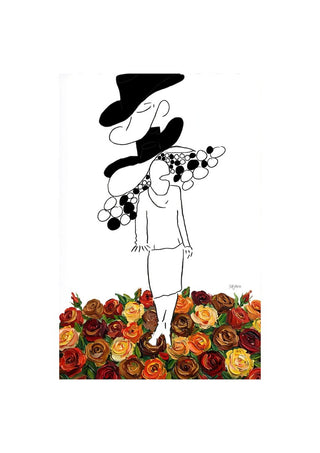 The weight of the world by Madame Petit - a black line figure with a dark load standing in painted roses