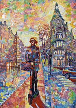 Elegans by Ramz Gadzh - a woman on an electric scooter in a city street painted in thick colour